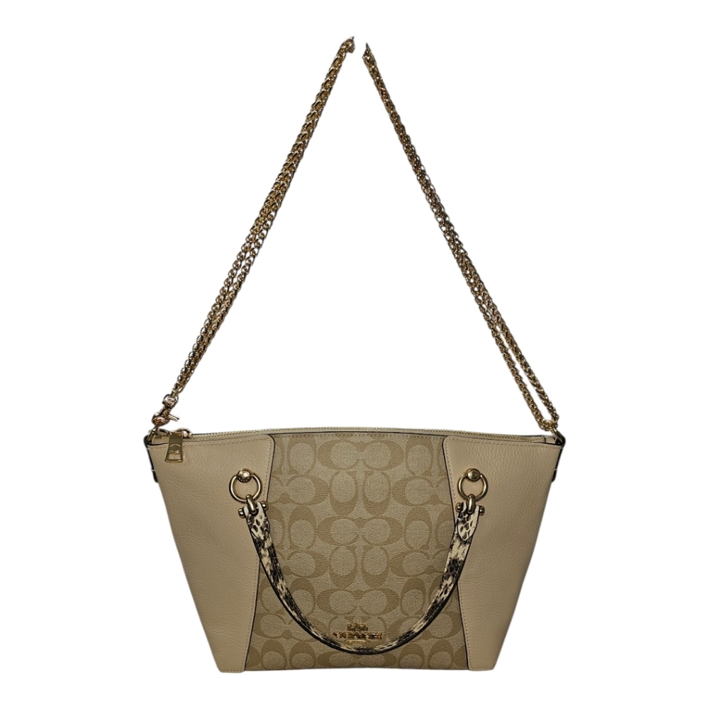COACH Kacey Satchel/Crossbody Beige and Cream  with Faux Snake Skin  Handles - Picture 9 of 12
